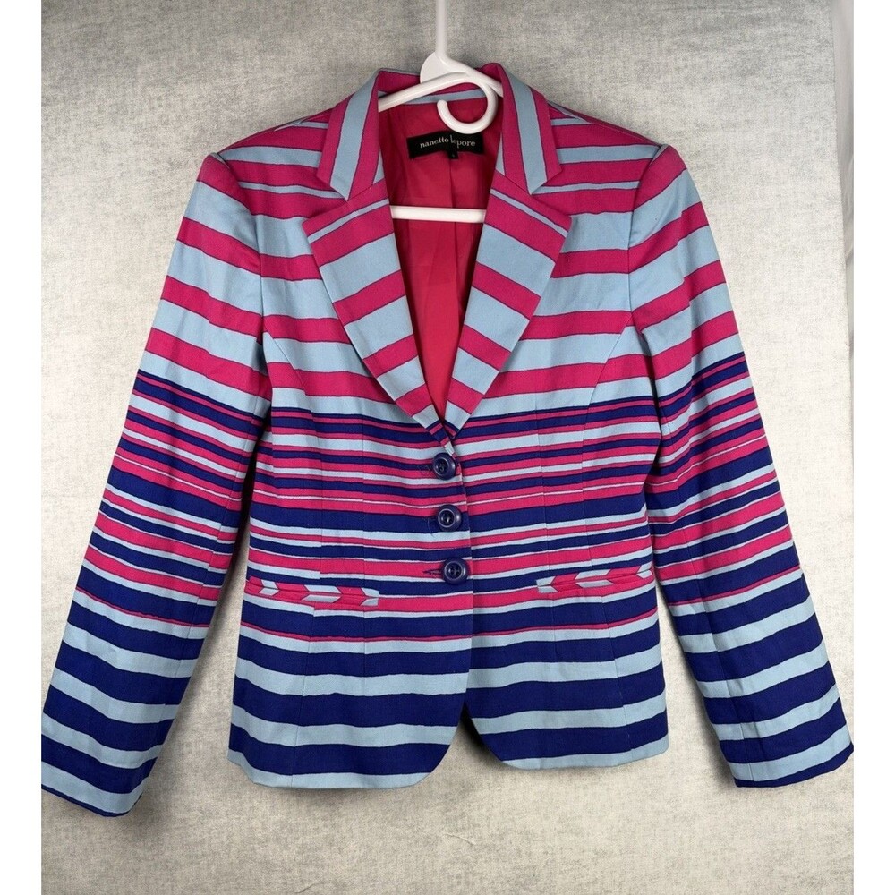 Nanette Lepore Blue Hot Pink Stripe Blazer Jacket Sport Coat Women's Size 6